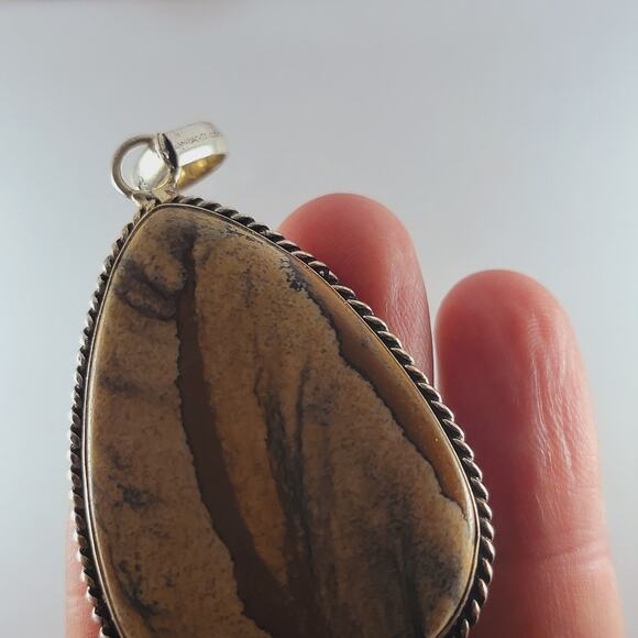 Sterling Silver Picture Jasper Pendant Teardrop Earth Tone 2.5" with Chain - Picture 3 of 9